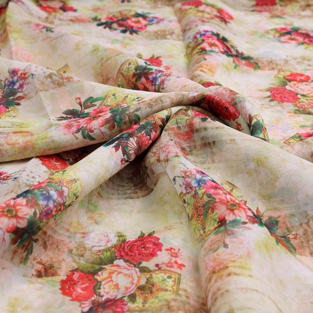 Vintage Floral Bouquet Print on Cream Organza Fabric – or 0 ta0101 110 1