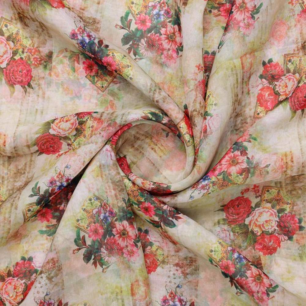 Vintage Floral Bouquet Print on Cream Organza Fabric – or 0 ta0101 110 2