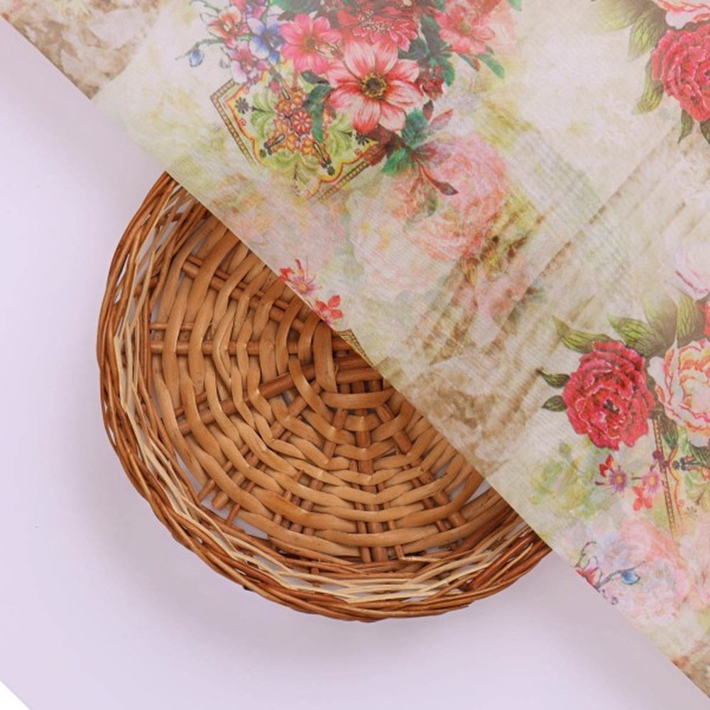 Vintage Floral Bouquet Print on Cream Organza Fabric – or 0 ta0101 110 3