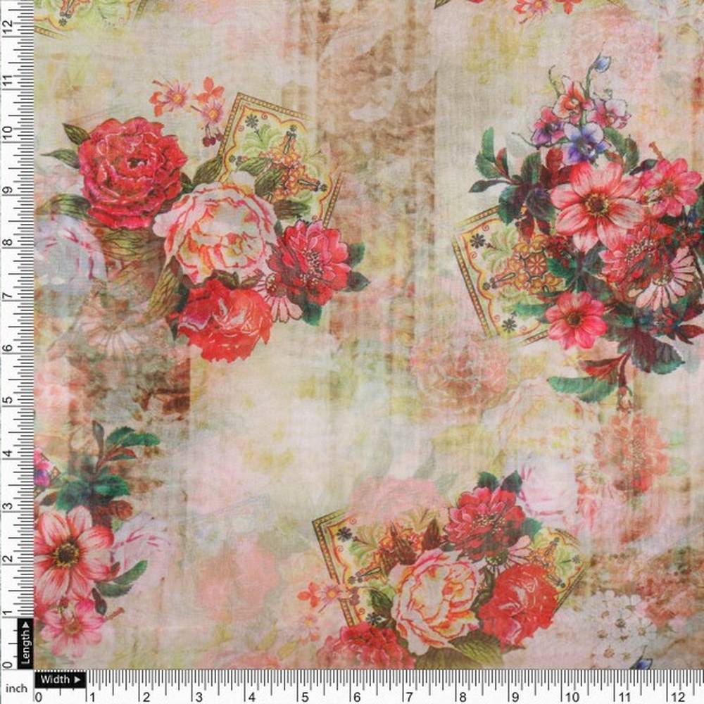 Vintage Floral Bouquet Print on Cream Organza Fabric – or 0 ta0101 110 4