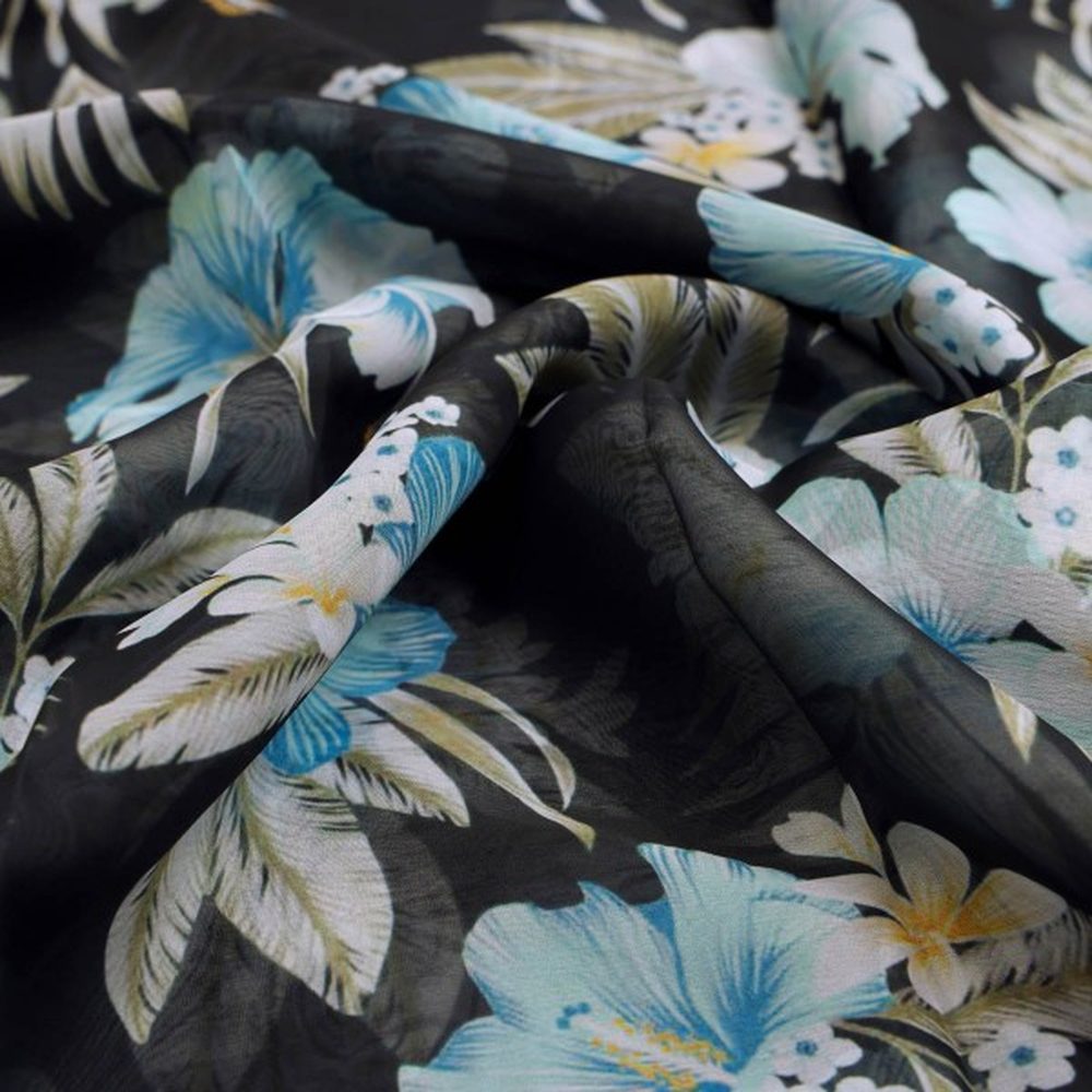 Black Organza with Blue & White Tropical Floral Print – or 0 ta0212 110 1