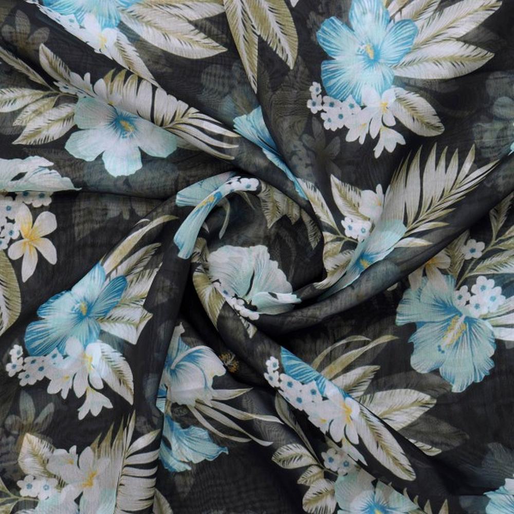 Black Organza with Blue & White Tropical Floral Print – or 0 ta0212 110 2