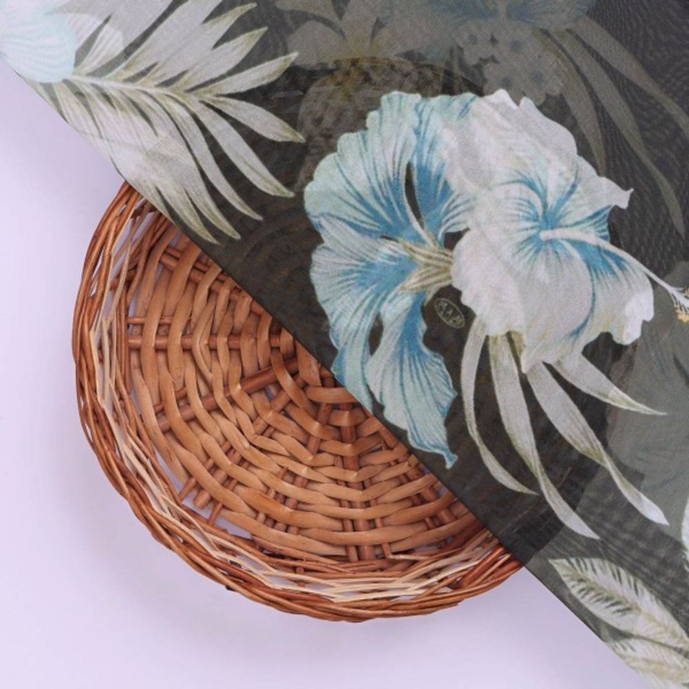 Black Organza with Blue & White Tropical Floral Print – or 0 ta0212 110 3