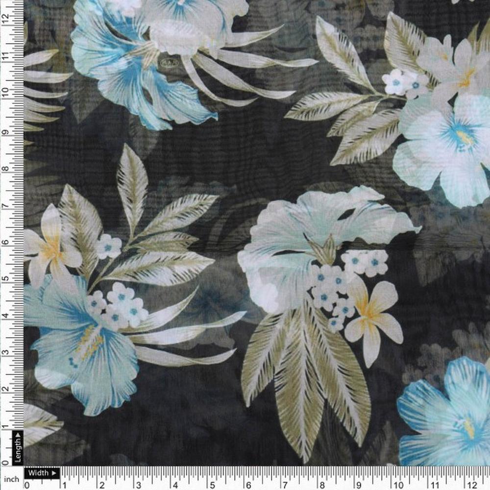 Black Organza with Blue & White Tropical Floral Print – or 0 ta0212 110 4