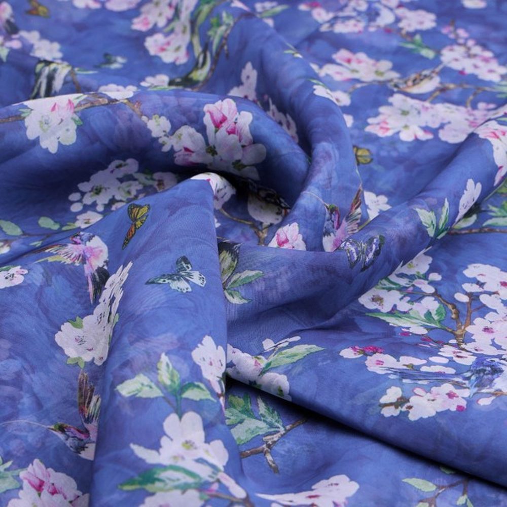 Blue Birds & Cherry Blossom Print Sheer Organza Fabric