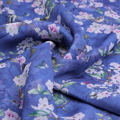 Blue Birds & Cherry Blossom Print Sheer Organza Fabric
