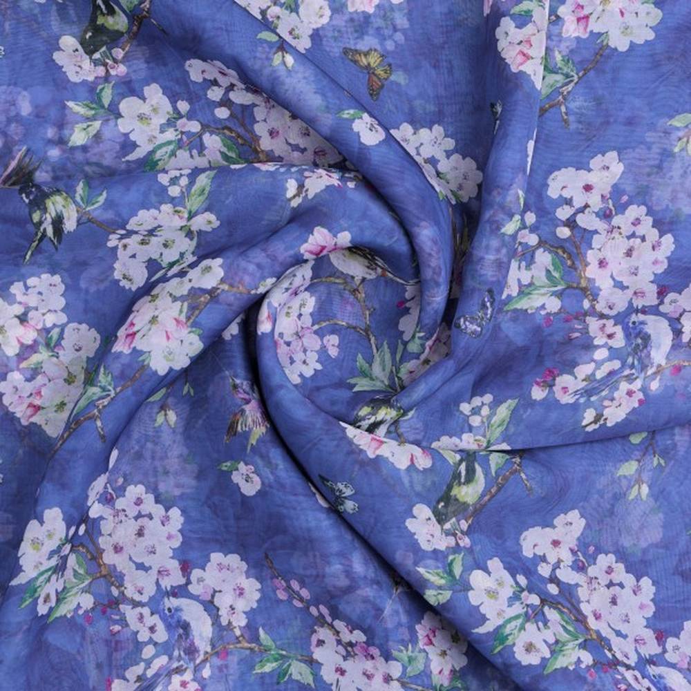 Blue Birds & Cherry Blossom Print Sheer Organza Fabric