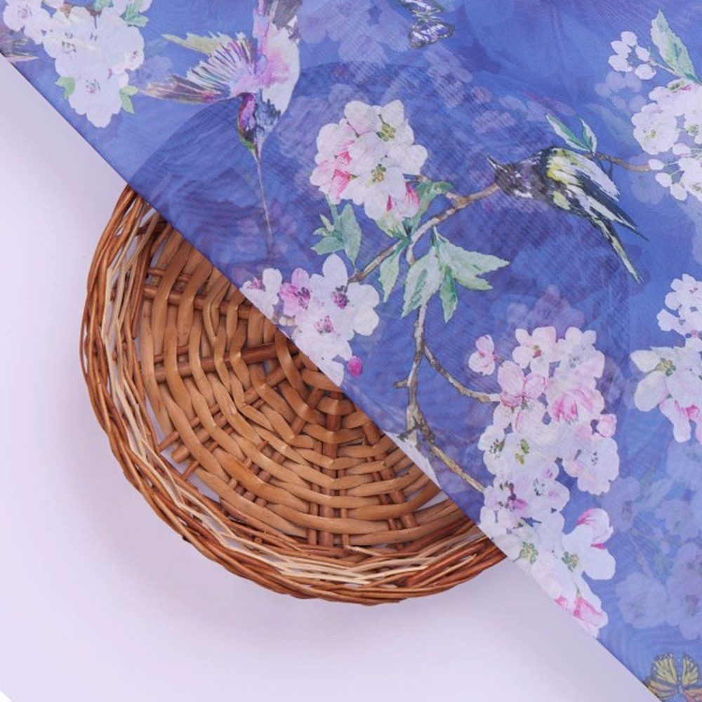 Blue Birds & Cherry Blossom Print Sheer Organza Fabric