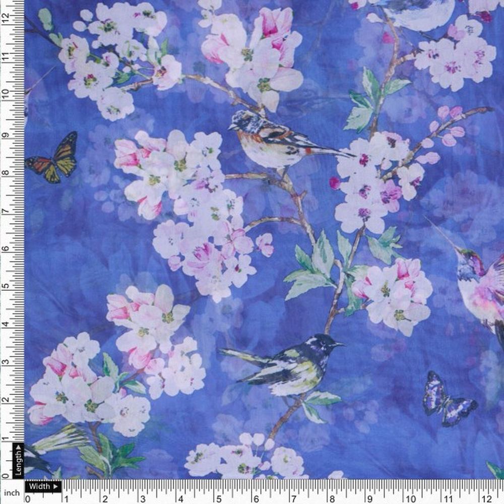 Blue Birds & Cherry Blossom Print Sheer Organza Fabric