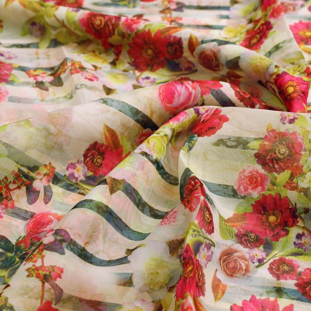 Vintage Floral & Stripe Printed Sheer Organza Fabric