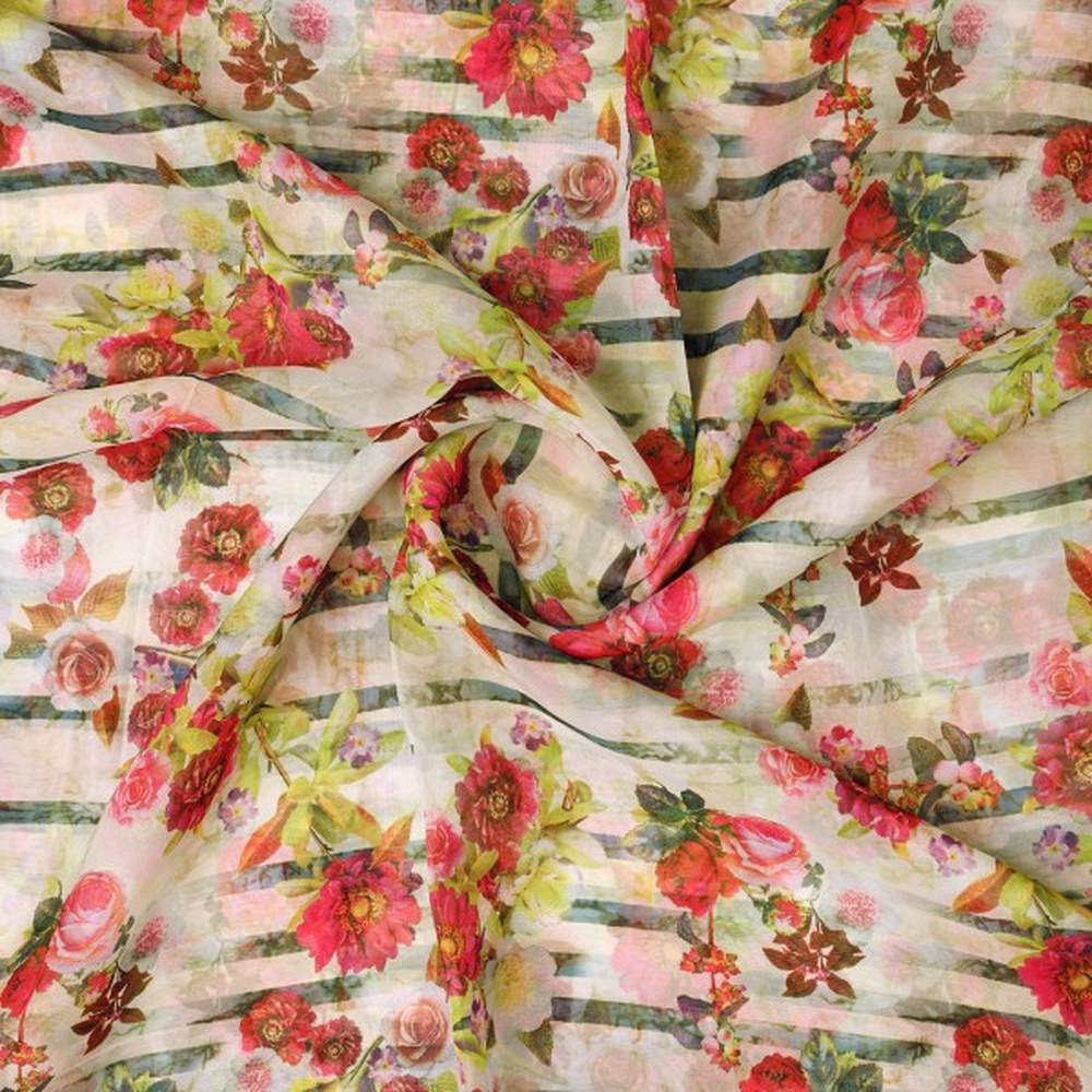Vintage Floral & Stripe Printed Sheer Organza Fabric