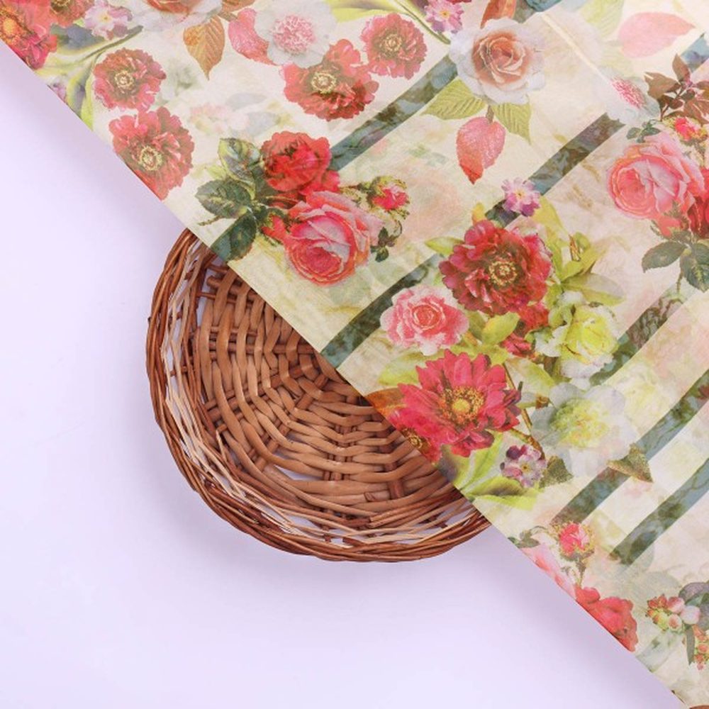 Vintage Floral & Stripe Printed Sheer Organza Fabric
