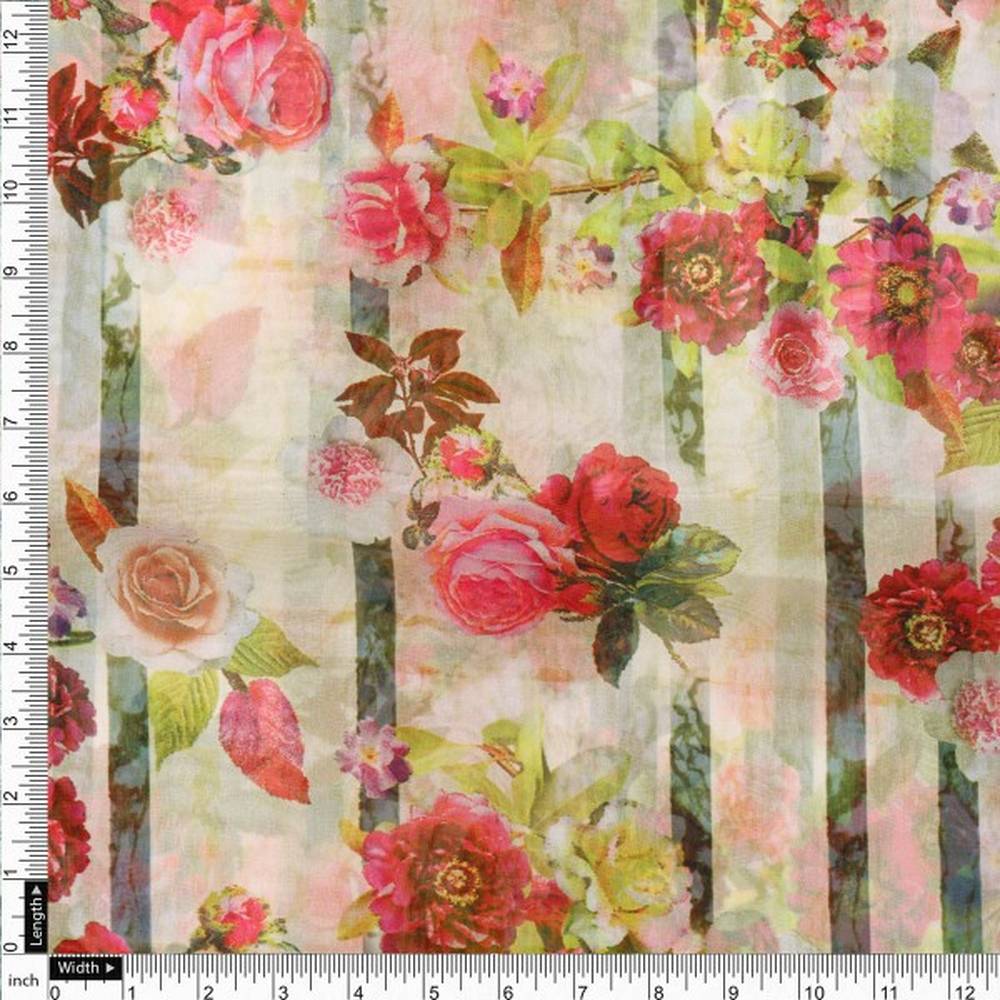 Vintage Floral & Stripe Printed Sheer Organza Fabric
