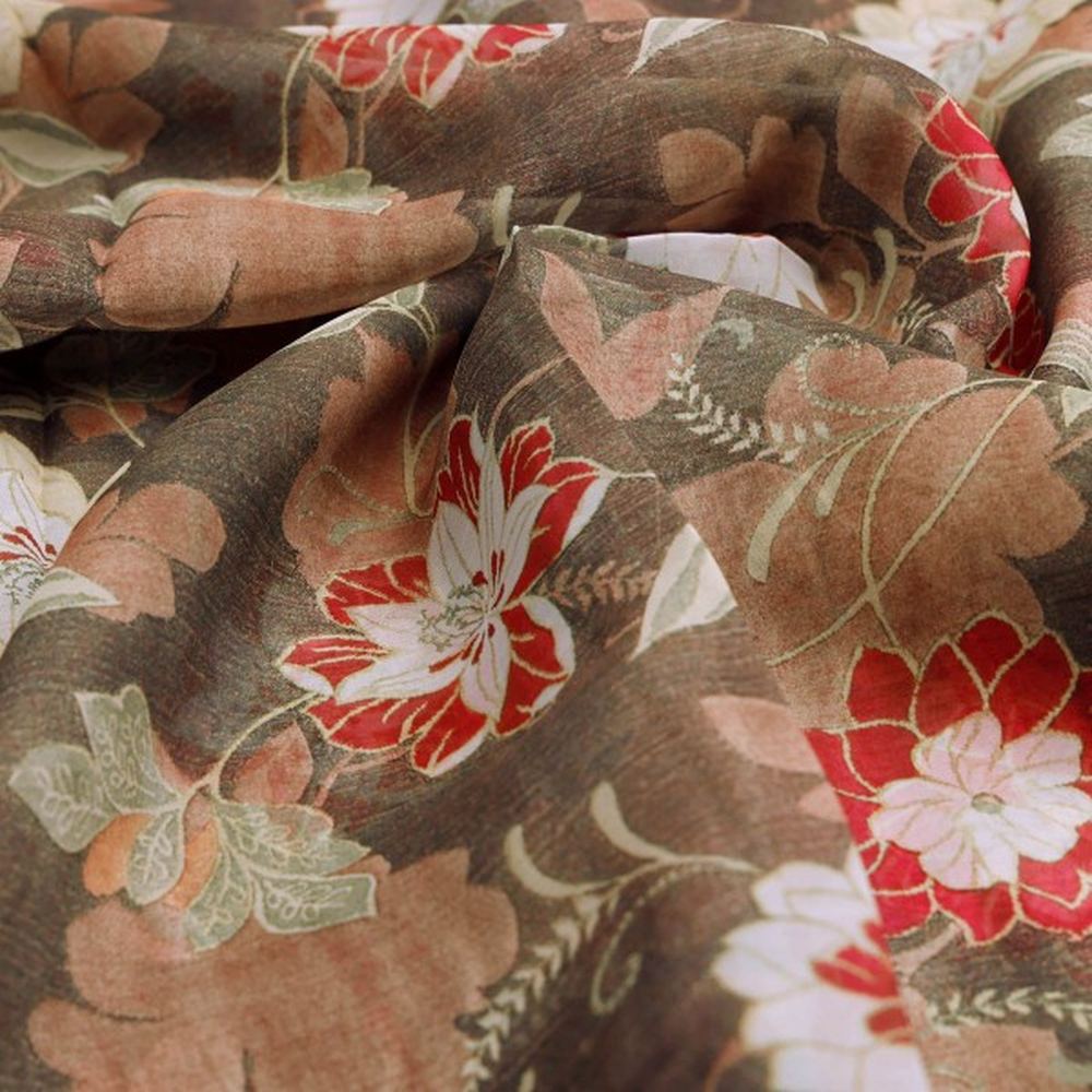 Vintage Japanese Floral Print Organza Fabric in Brown – or 0 ta05266 110 1
