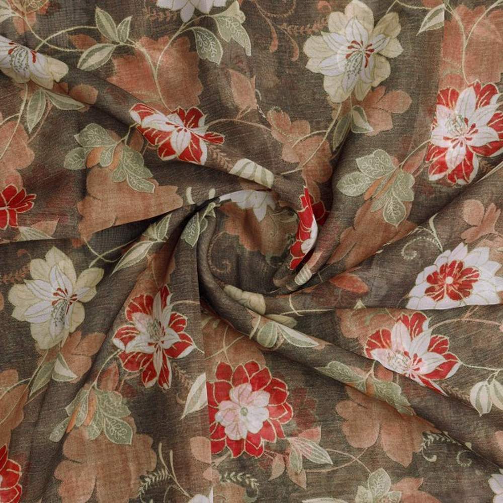 Vintage Japanese Floral Print Organza Fabric in Brown – or 0 ta05266 110 2