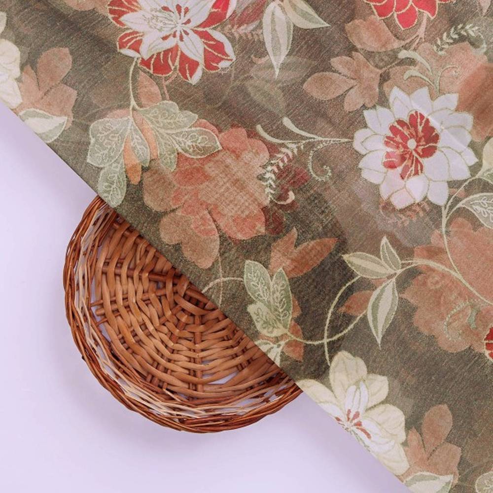 Vintage Japanese Floral Print Organza Fabric in Brown – or 0 ta05266 110 3