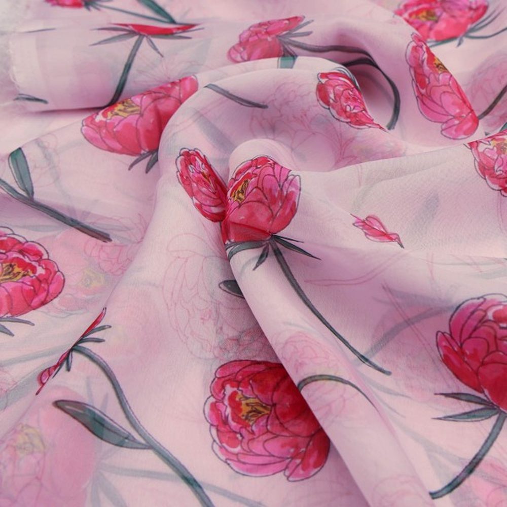 Pink Peony Floral Watercolour Print Organza Fabric