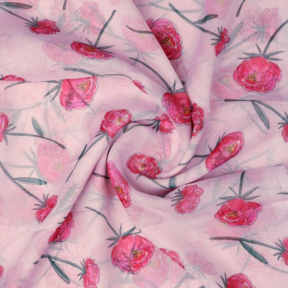 Pink Peony Floral Watercolour Print Organza Fabric
