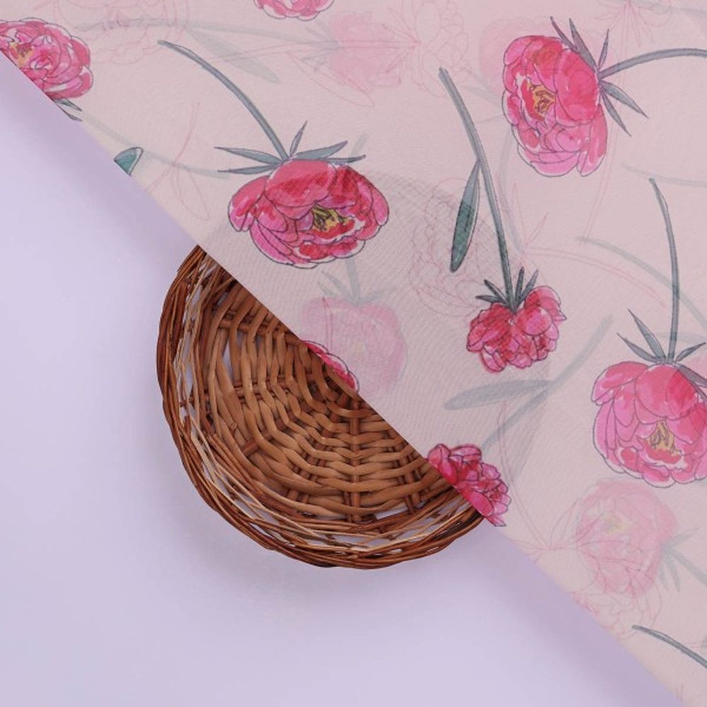 Pink Peony Floral Watercolour Print Organza Fabric