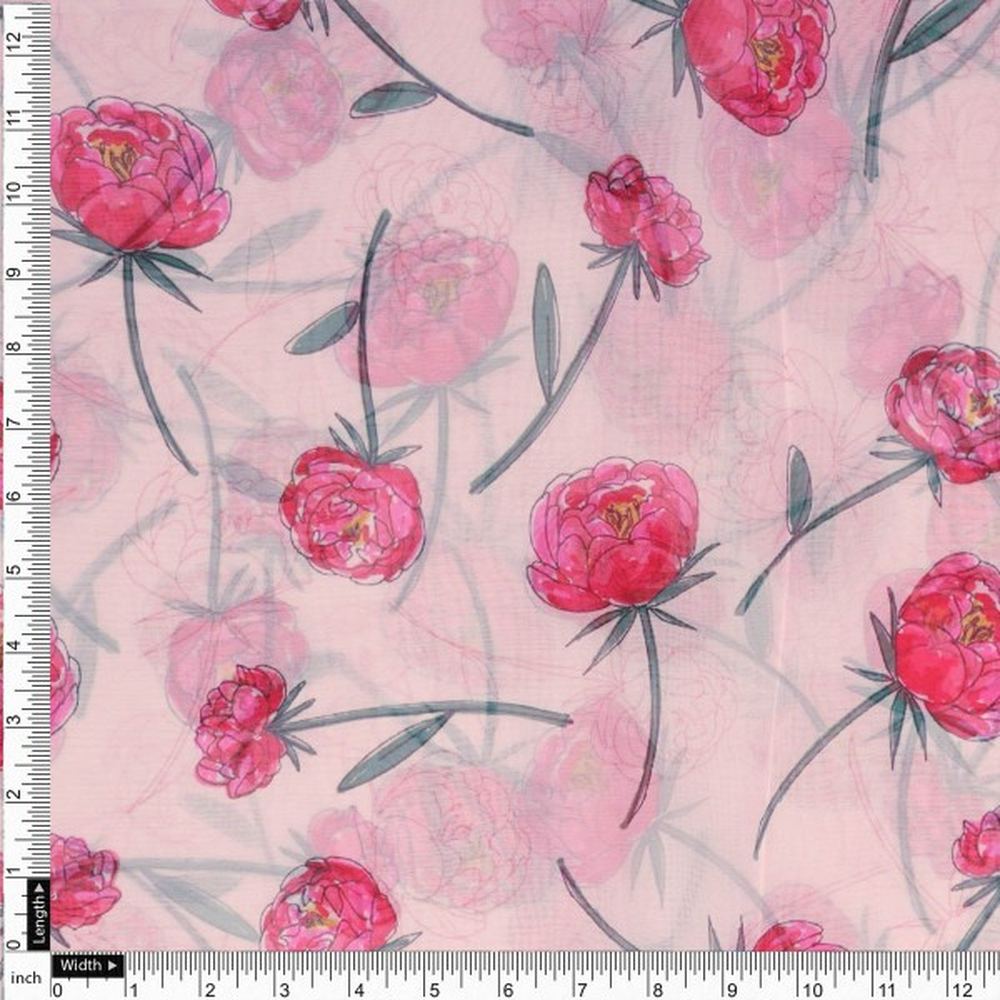 Pink Peony Floral Watercolour Print Organza Fabric