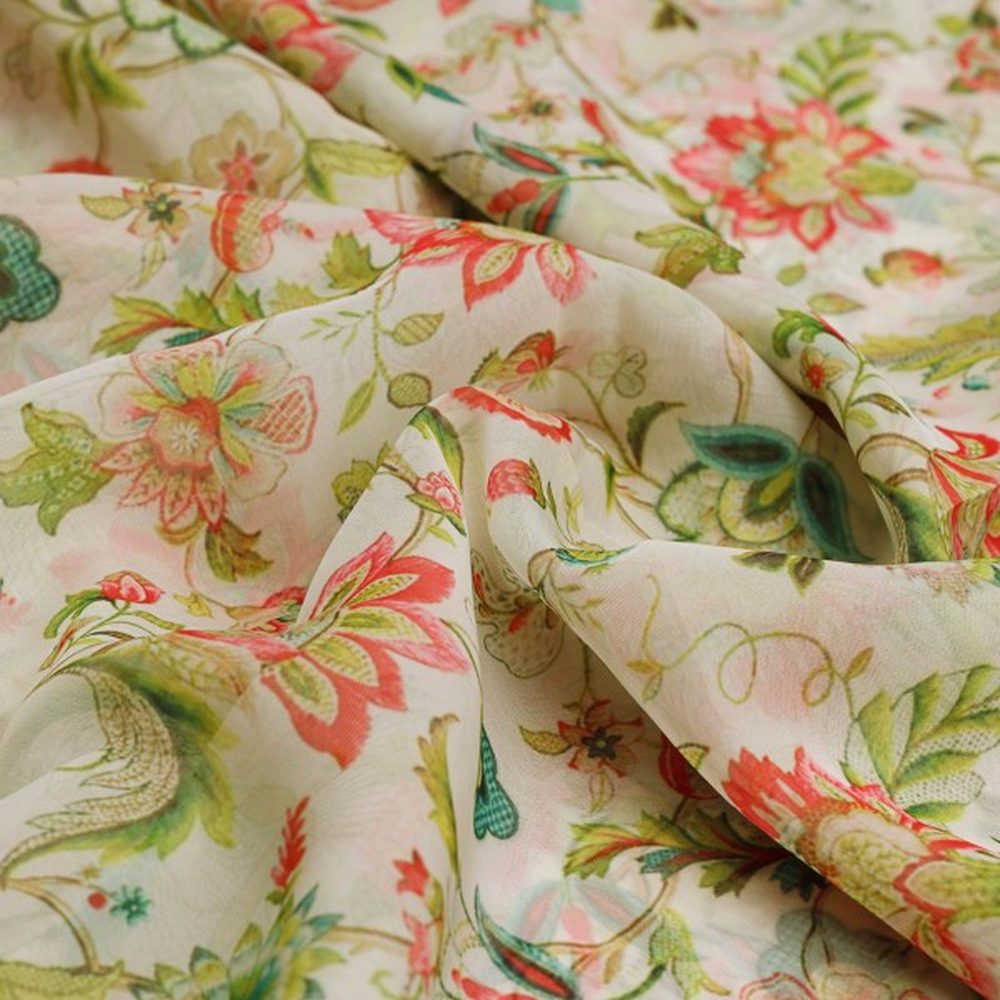 Vintage Coral & Green Floral Printed Organza Fabric – or 0 ta0587 110 1