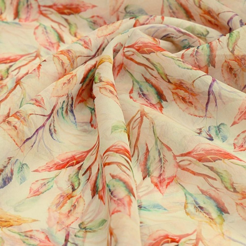 Cream & Multi-Colour Watercolour Leaf Print Organza Fabric – or 0 ta06030 110 1