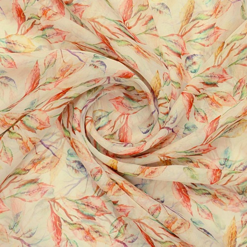 Cream & Multi-Colour Watercolour Leaf Print Organza Fabric – or 0 ta06030 110 2