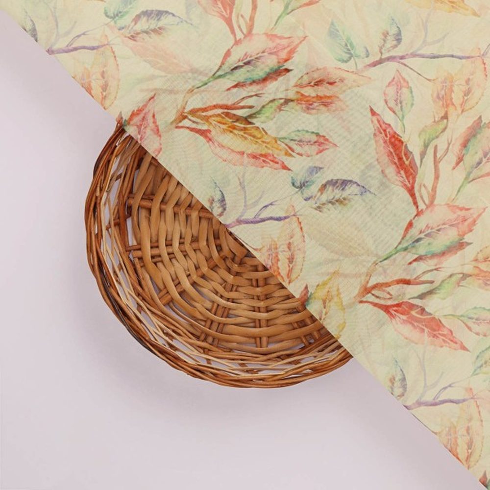 Cream & Multi-Colour Watercolour Leaf Print Organza Fabric – or 0 ta06030 110 3
