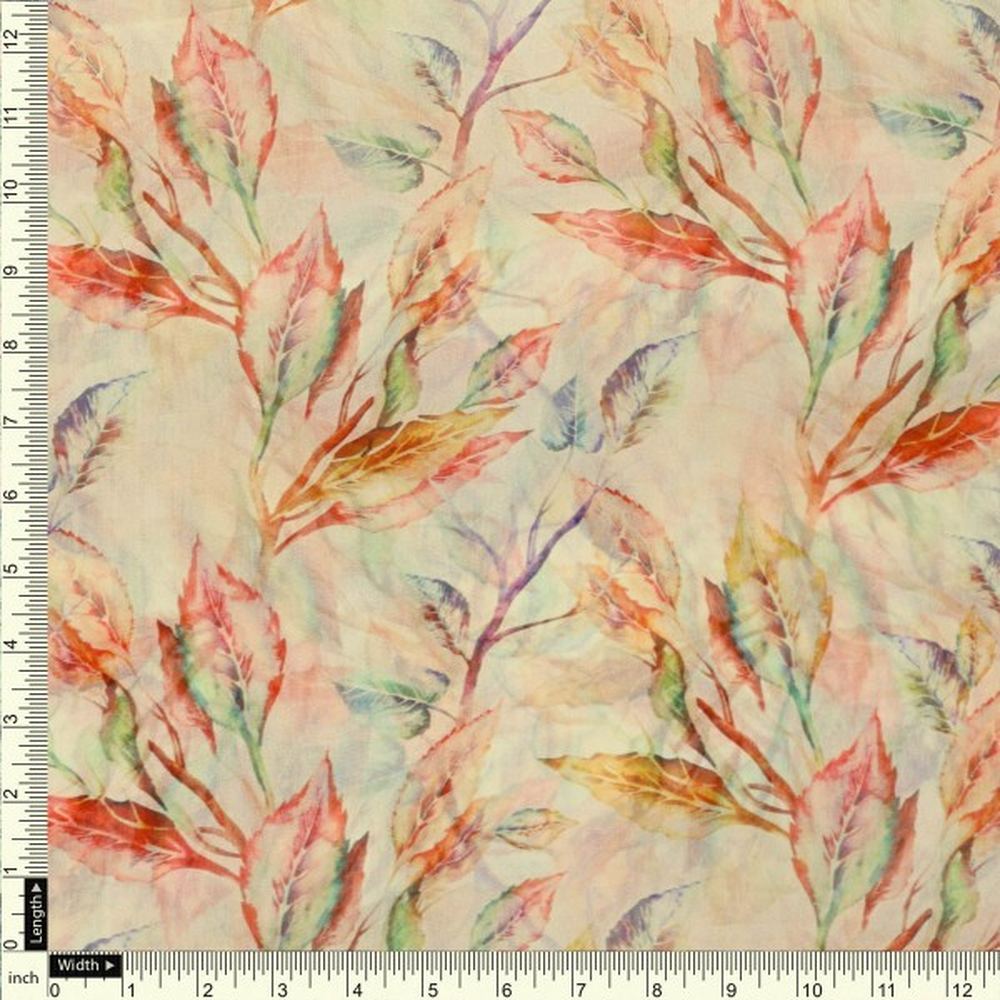 Cream & Multi-Colour Watercolour Leaf Print Organza Fabric – or 0 ta06030 110 4