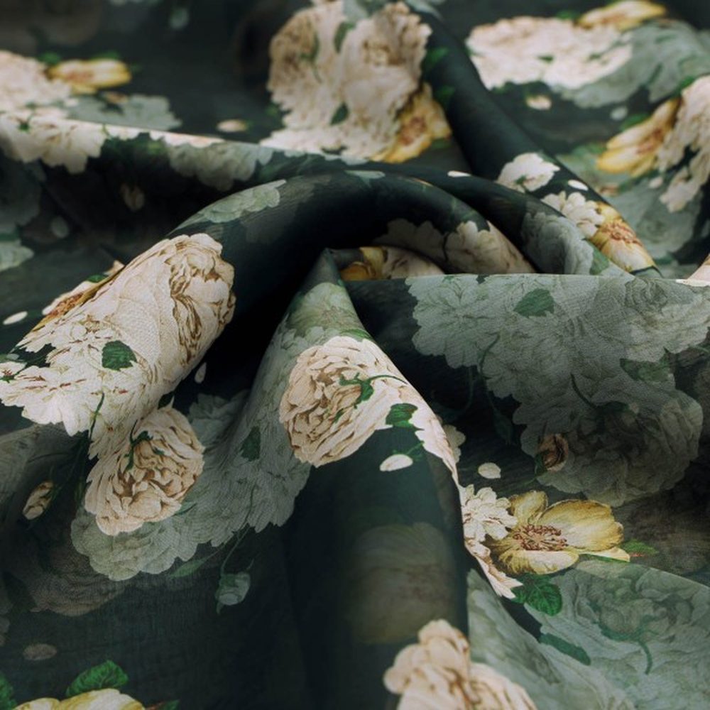 Dark Green Vintage Rose Floral Printed Organza Fabric – or 0 ta0620 110 1