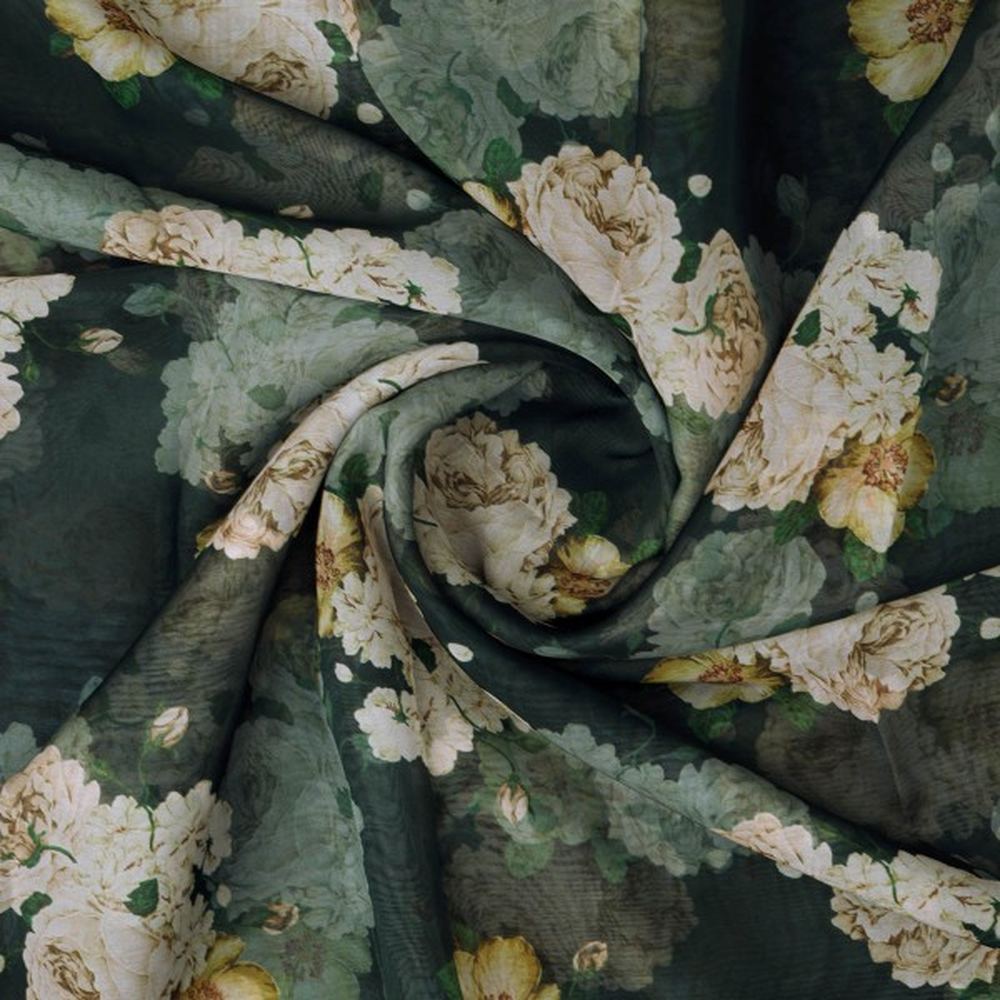 Dark Green Vintage Rose Floral Printed Organza Fabric – or 0 ta0620 110 2