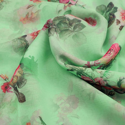 Pistachio Green Vintage Floral Organza Fabric for Dresses