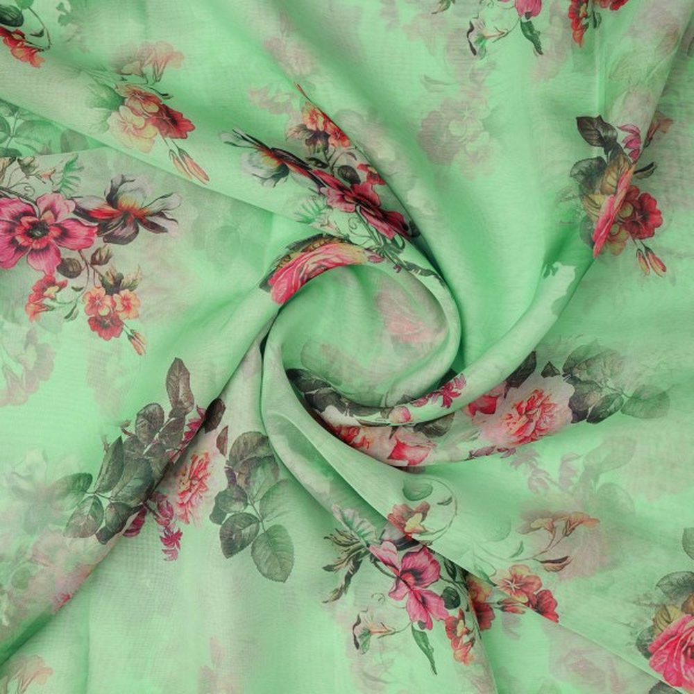 Pistachio Green Vintage Floral Organza Fabric for Dresses