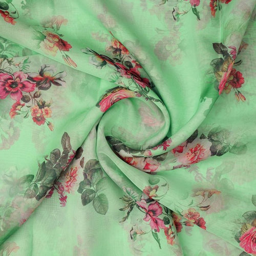 Pistachio Green Vintage Floral Organza Fabric for Dresses