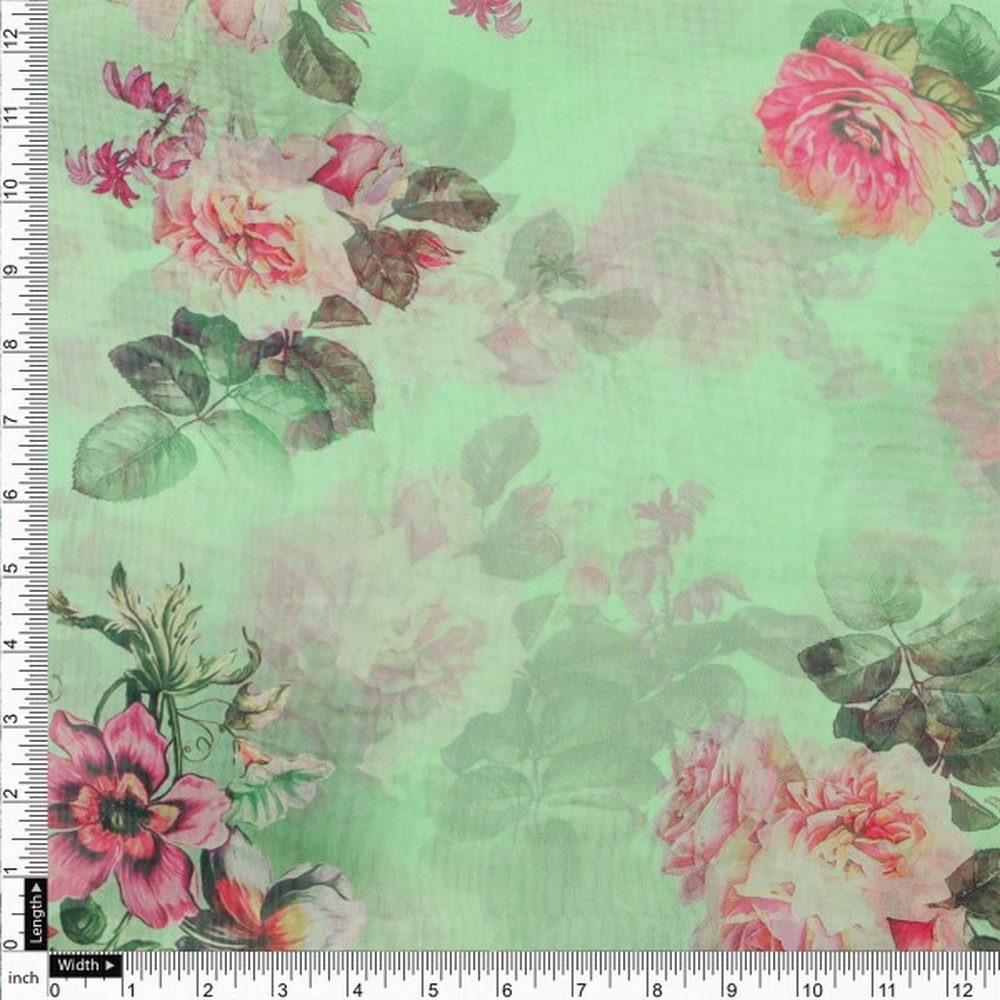 Pistachio Green Vintage Floral Organza Fabric for Dresses