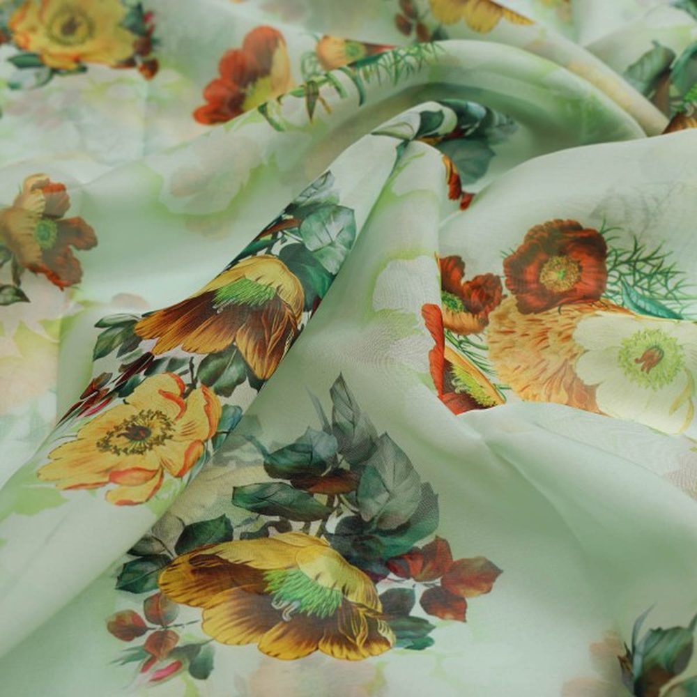 Pastel Green & Yellow Floral Printed Sheer Organza Fabric – or 0 ta06817 110 1