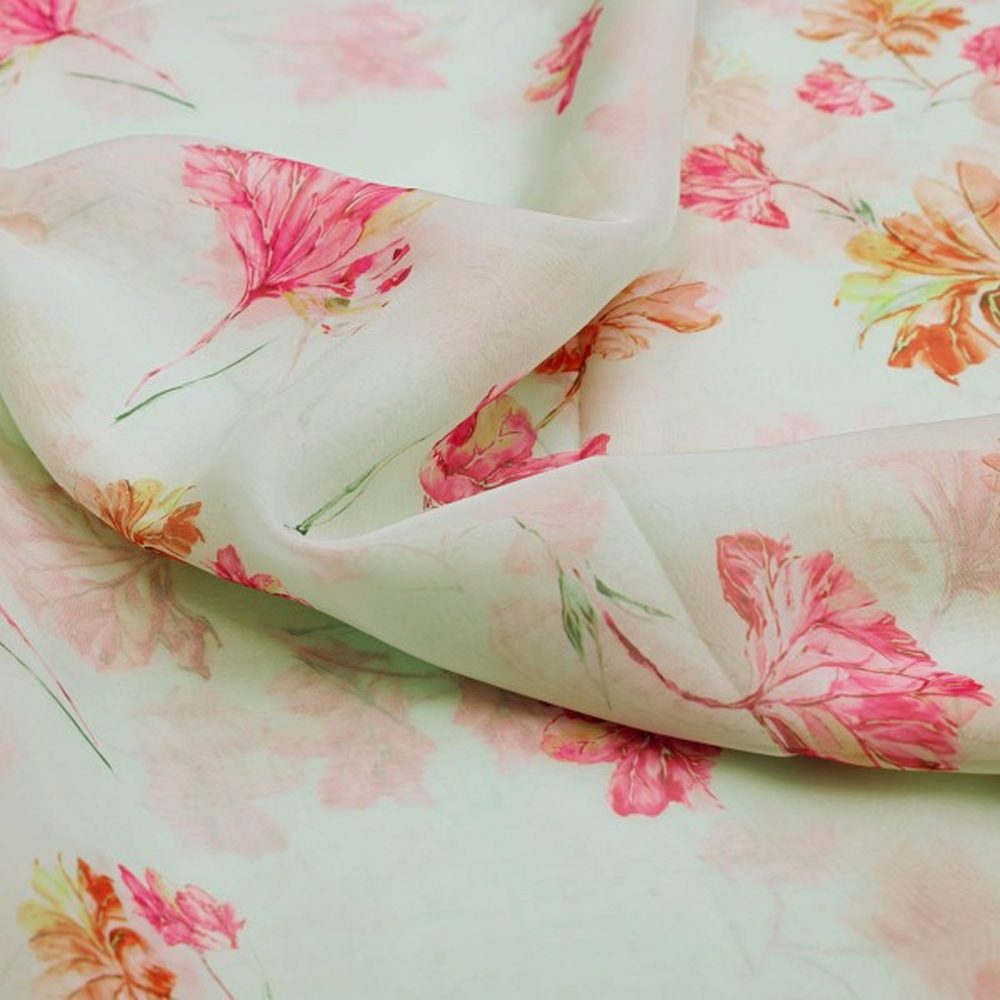 Pastel Green & Pink Floral Watercolour Organza Fabric – or 0 ta06865 110 1