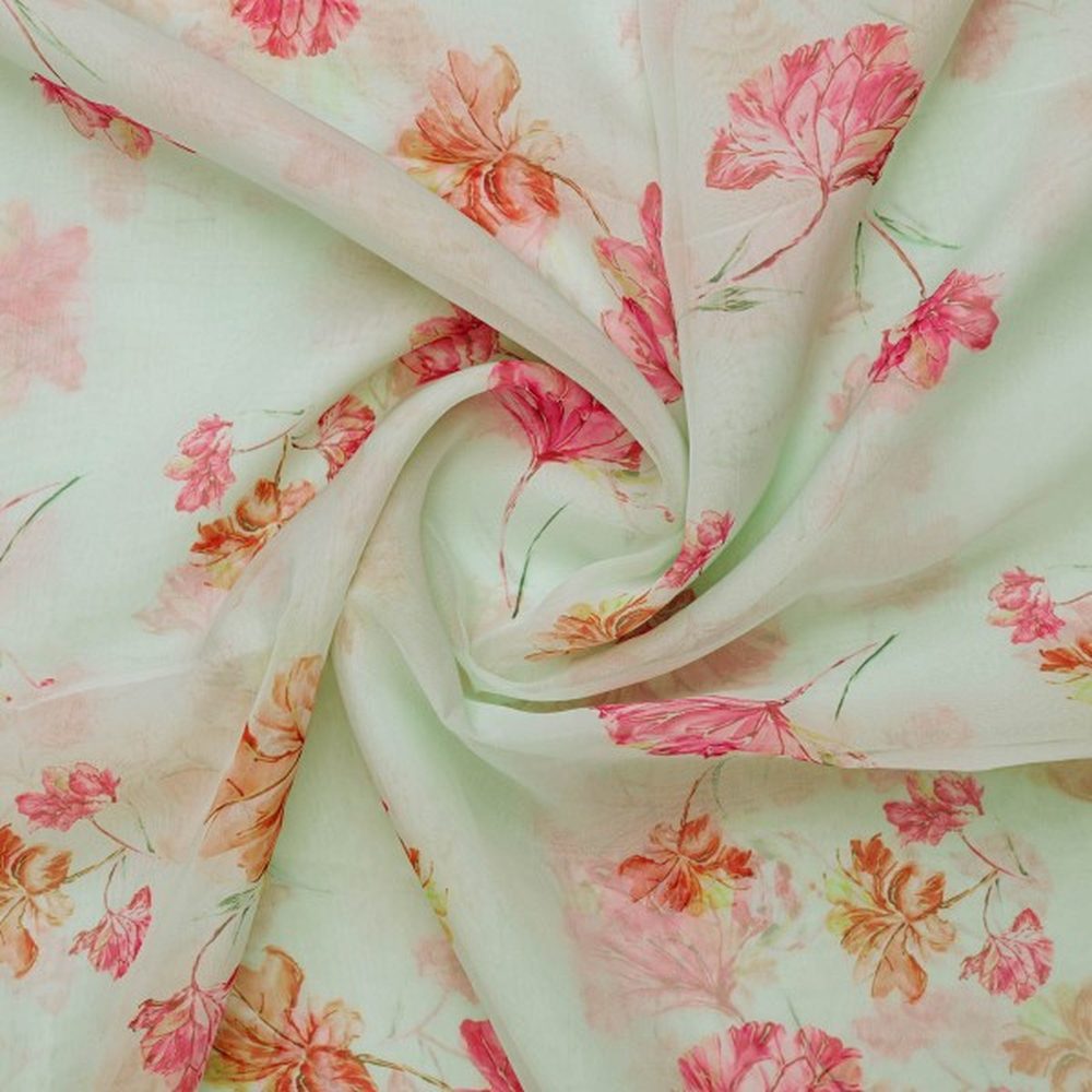 Pastel Green & Pink Floral Watercolour Organza Fabric