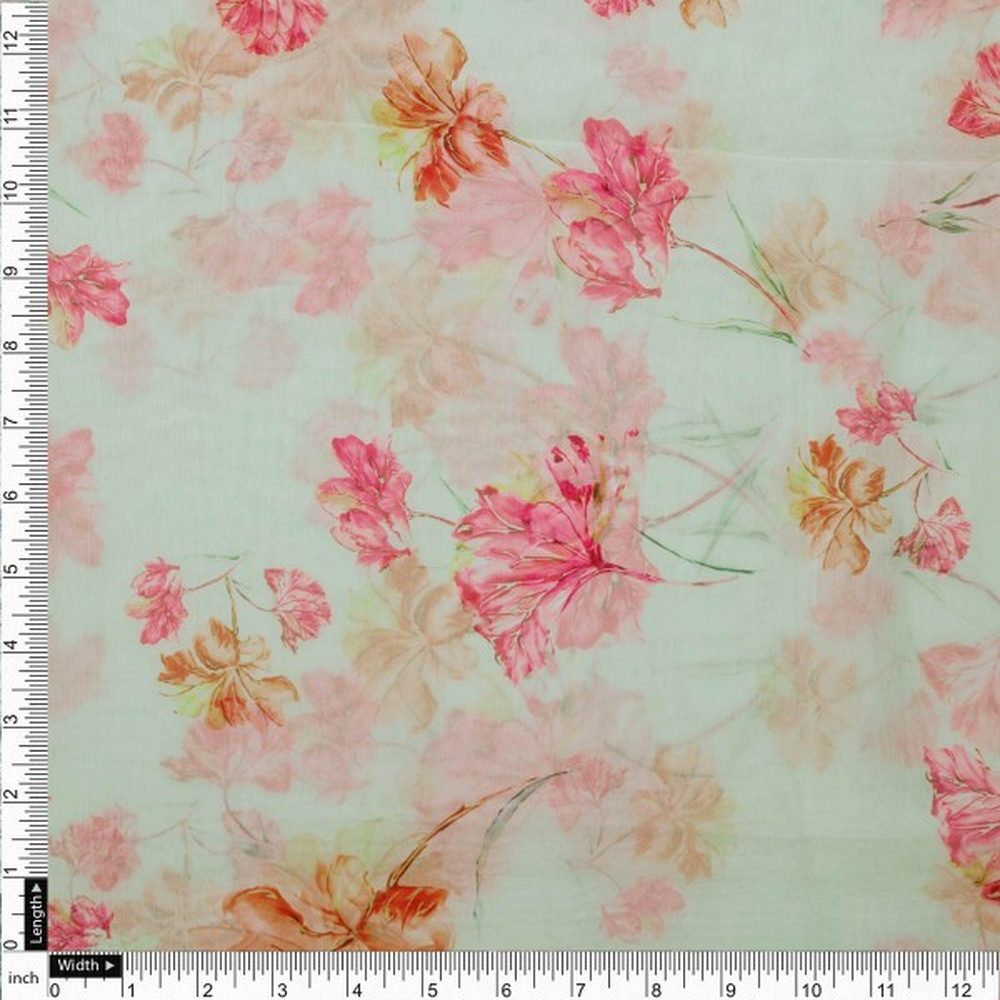 Pastel Green & Pink Floral Watercolour Organza Fabric