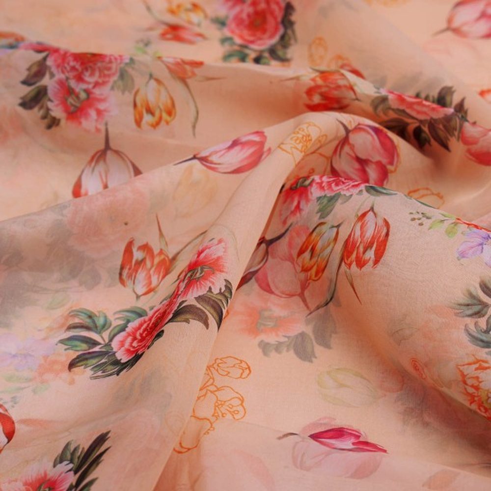 Peach Floral Garden Tulip Print Sheer Organza Fabric