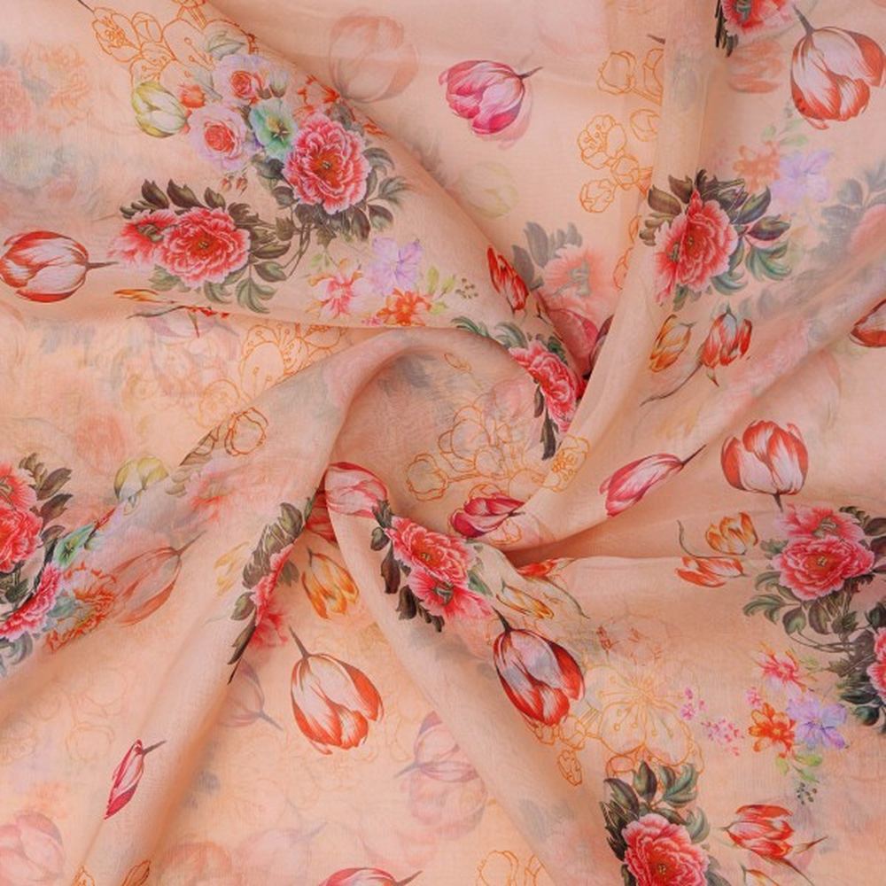 Peach Floral Garden Tulip Print Sheer Organza Fabric