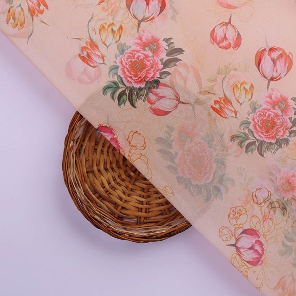 Peach Floral Garden Tulip Print Sheer Organza Fabric – or 0 ta06941 110 3