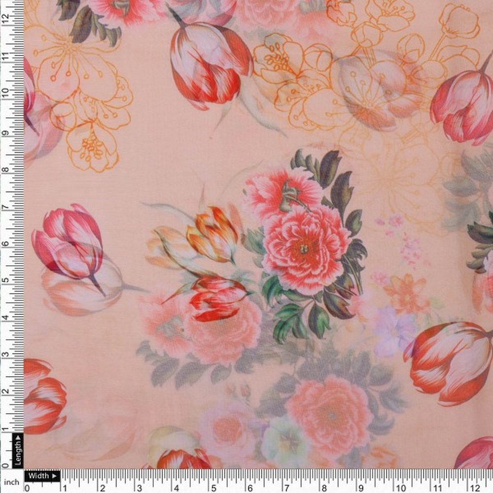 Peach Floral Garden Tulip Print Sheer Organza Fabric