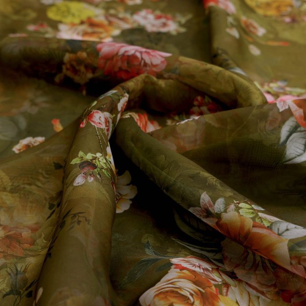 Olive Green Vintage Floral Print Sheer Organza Fabric
