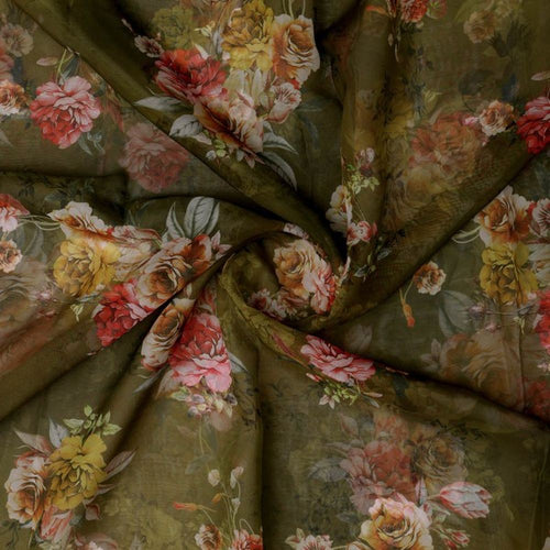 Olive Green Vintage Floral Print Sheer Organza Fabric