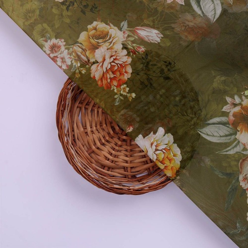 Olive Green Vintage Floral Print Sheer Organza Fabric