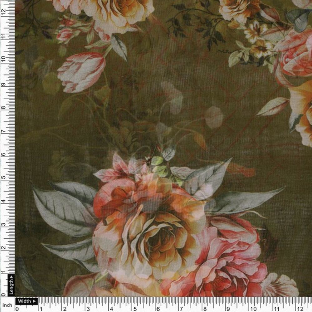 Olive Green Vintage Floral Print Sheer Organza Fabric