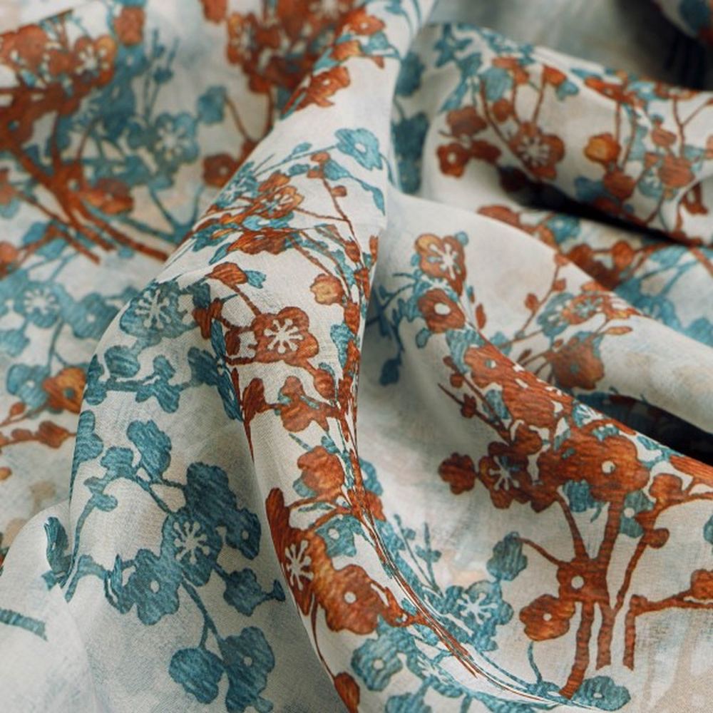Vintage Blossom Teal & Rust Printed Organza Fabric