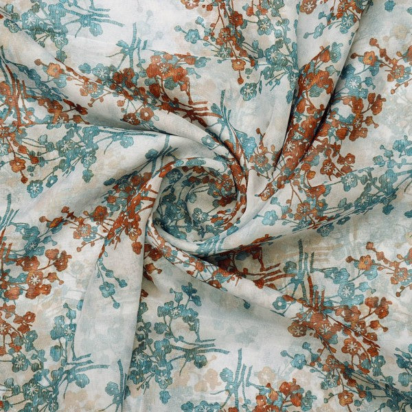 Vintage Blossom Teal & Rust Printed Organza Fabric