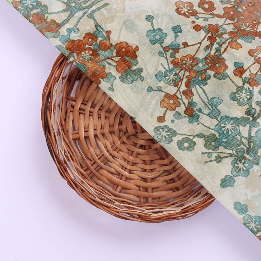 Vintage Blossom Teal & Rust Printed Organza Fabric